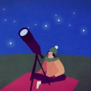 Animaatiokuva: hahmo katsoo taivaalle kaukoputkella.
